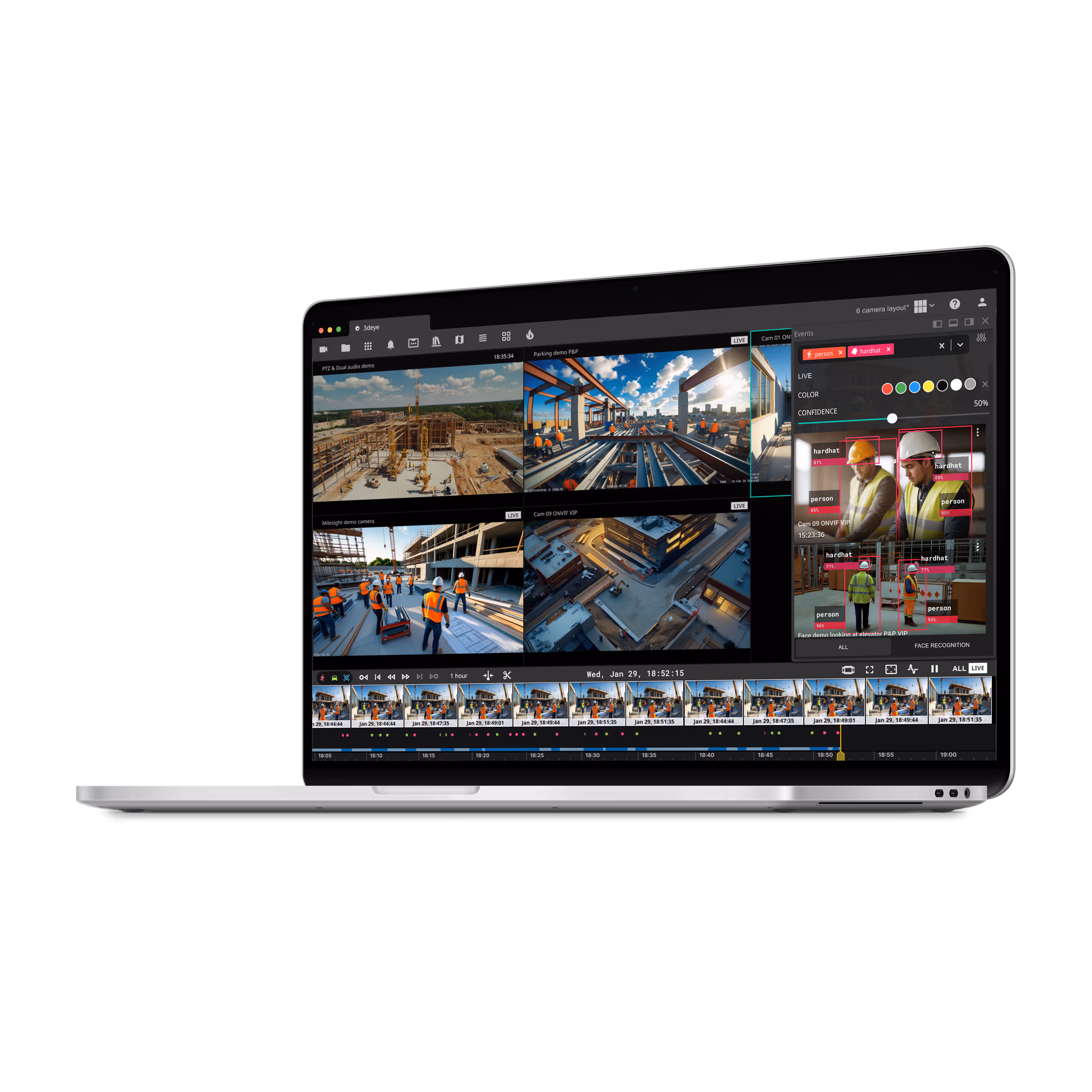 A laptop displaying a multi-camera security system interface