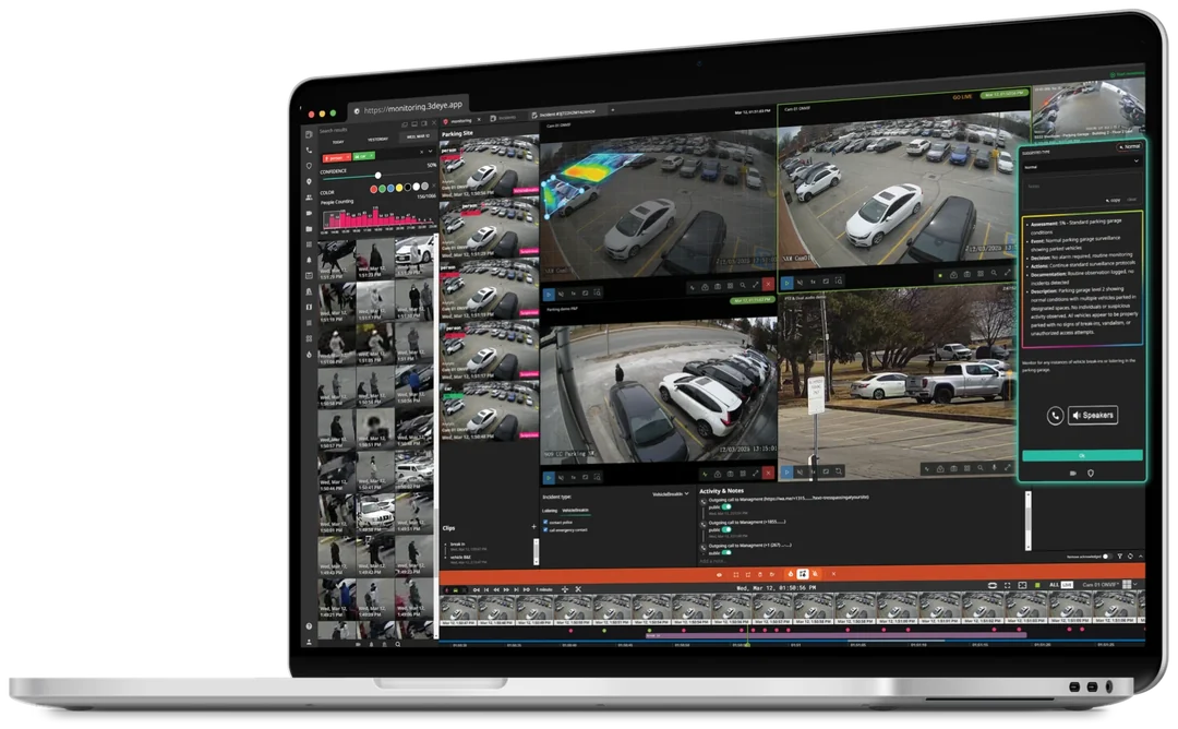 Vista de incidentes del NextGen Monitoring Portal en un portátil: cámaras de un aparcamiento, miniaturas de eventos, la línea de tiempo y el panel de evaluación del AI Operator con acciones de llamada y altavoz