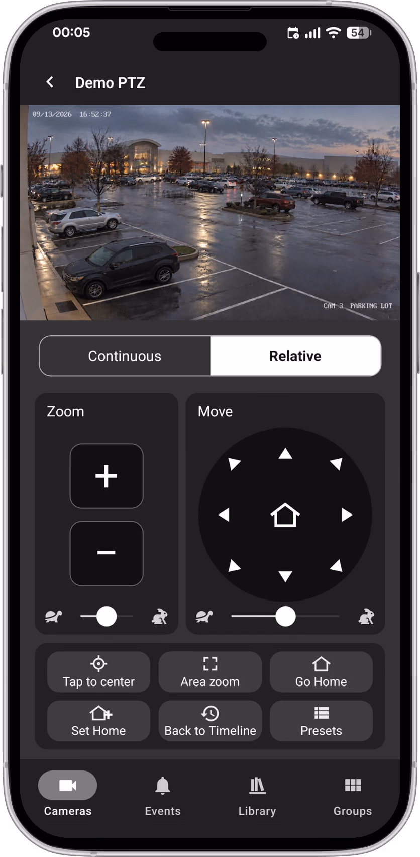 Mobile app PTZ control in relative mode with zoom, move, tap to center, area zoom and presets