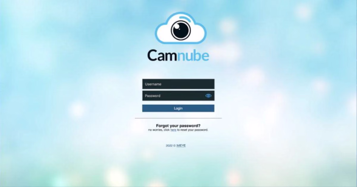 Camnube login page on a co-branded 3dEYE subdomain