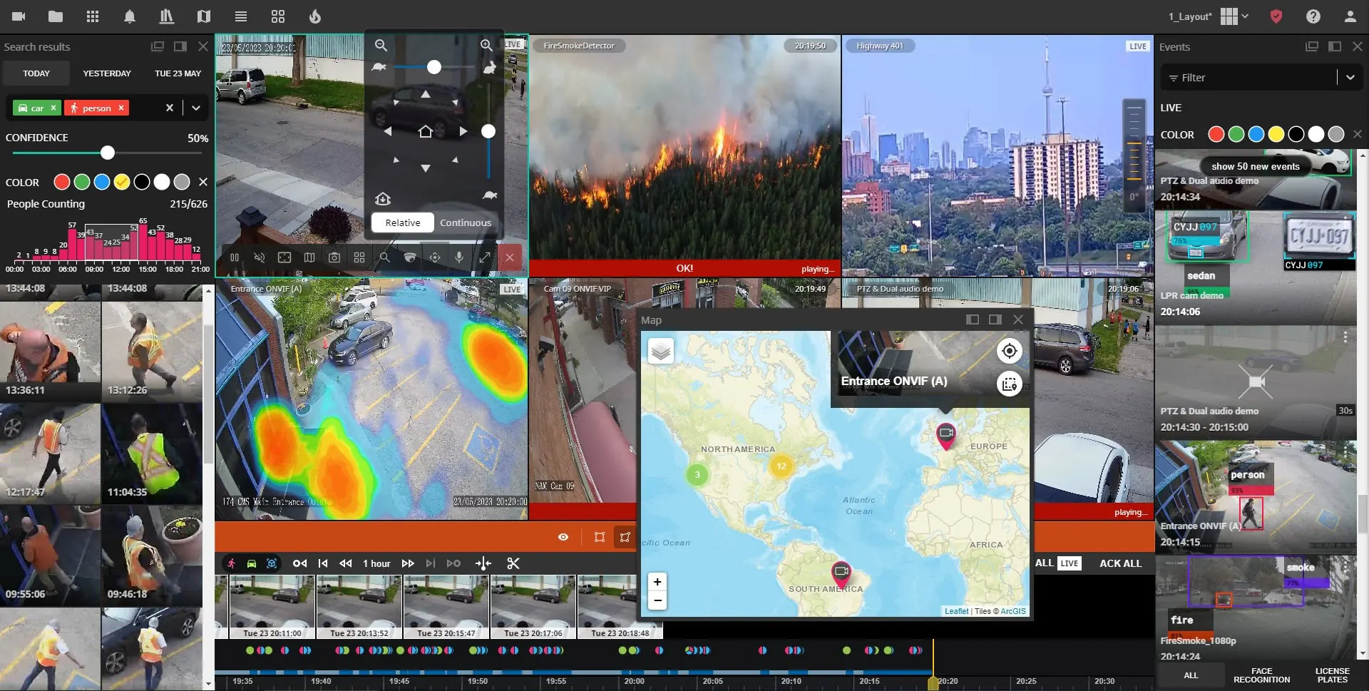Video Portal with PTZ control, fire and smoke detection, license plate recognition, heatmaps, a camera map and AI event search, running under an example brand at portal.yourbrand.com